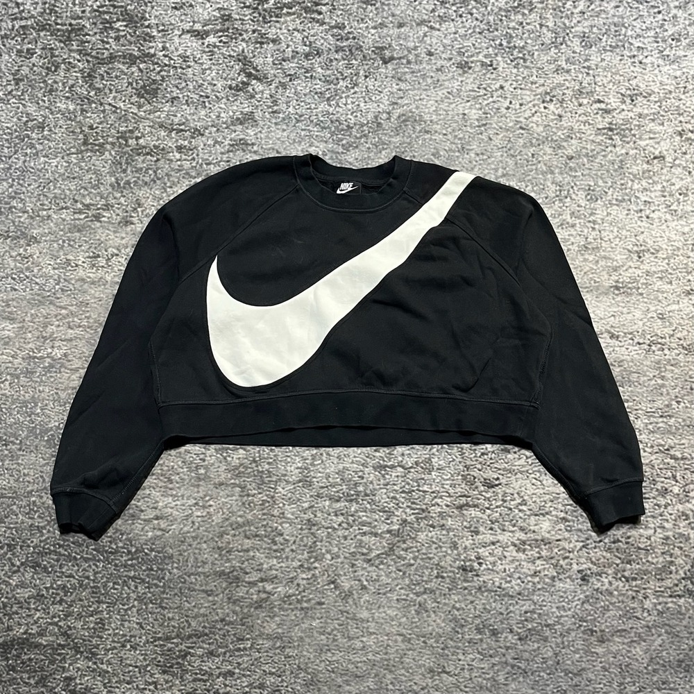 Nike Cropped Fleece Sweatshirt Big Swoosh Womens Large Black Sporty‎
